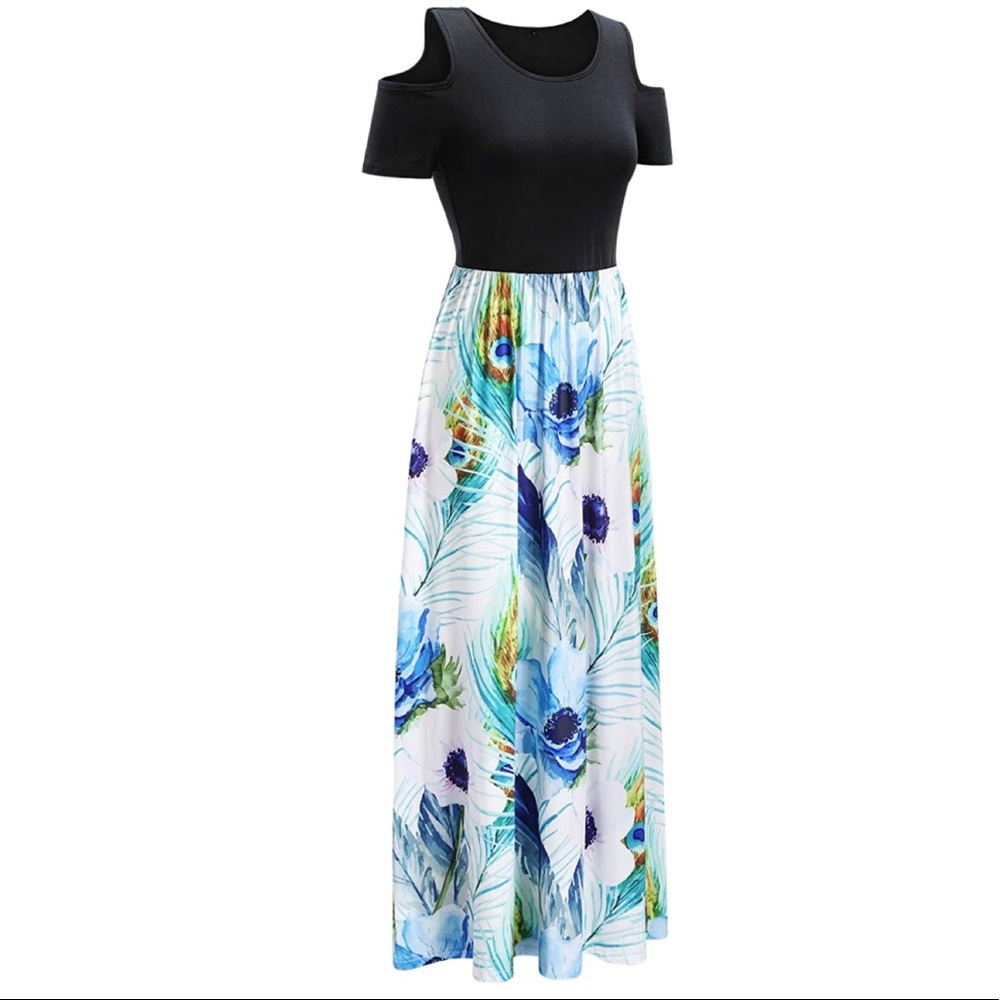 Cold Shoulder Floral Casual Long Maxi Dress Pocket - Picture 3 of 10